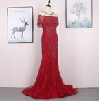 Bright Red Mermaid Crew Neck Beaded Tulle Train Prom Dress Evening Dress