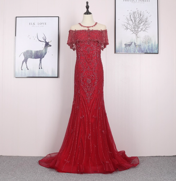 Bright Red Mermaid Crew Neck Beaded Tulle Train Prom Dress Evening Dress Main image