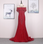Bright Red Mermaid Crew Neck Beaded Tulle Train Prom Dress Evening Dress