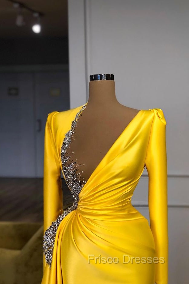 Bright Yellow V-neck Metallic Sequin Long sleeves Formal Prom Dress Secondary image