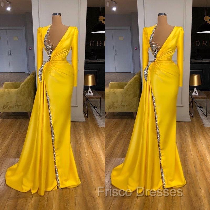 Bright Yellow V-neck Metallic Sequin Long sleeves Formal Prom Dress