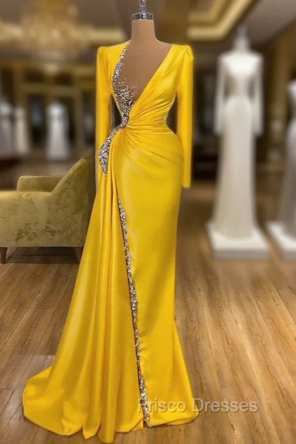 Bright Yellow V-neck Metallic Sequin Long sleeves Formal Prom Dress Main image