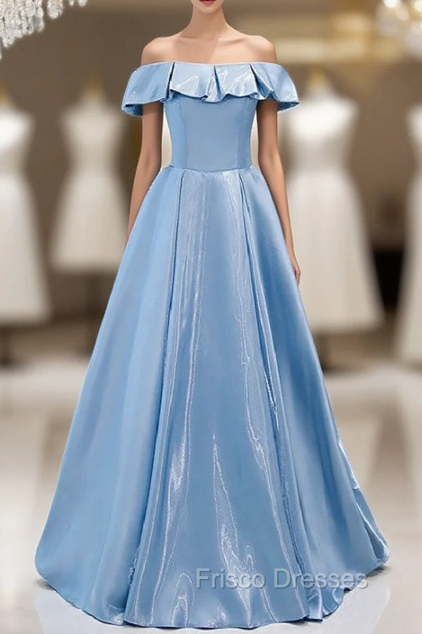 Brilliant Blue Satin Off the Shoulder Formal Prom Dress