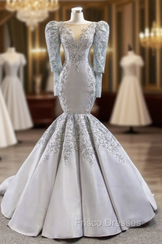 Brilliant Silver Gray Mermaid Satin Long Sleeve Appliques Beading Formal Prom Dress Main image