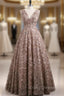 Brown A line Lace V Neckline Long Long Formal Prom Dress