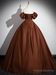 Brown A-Line Satin Long Prom Dress, Brown Long Formal Dress