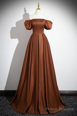Brown A-Line Satin Long Prom Dress, Brown Long Formal Dress