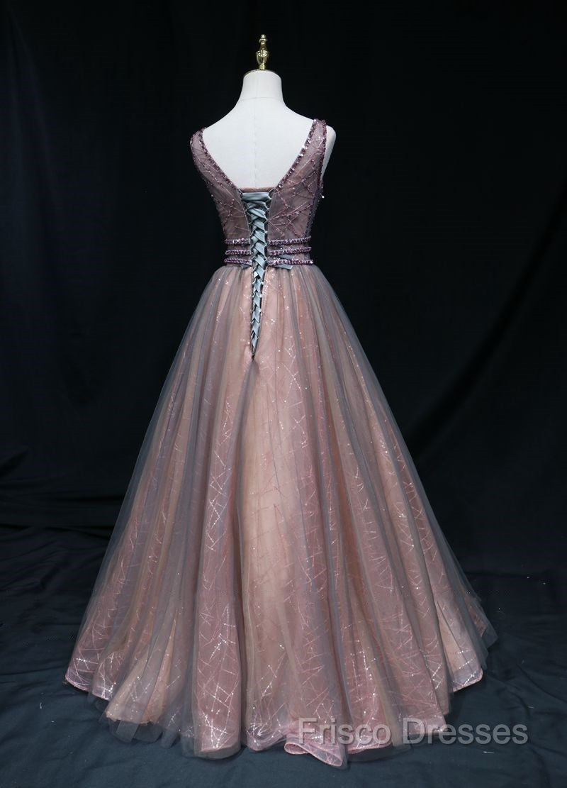 Brown A-Line Tulle Long Formal Dress Features Plunge Neck With Mesh Insert Formal Prom Dress, Secondary image