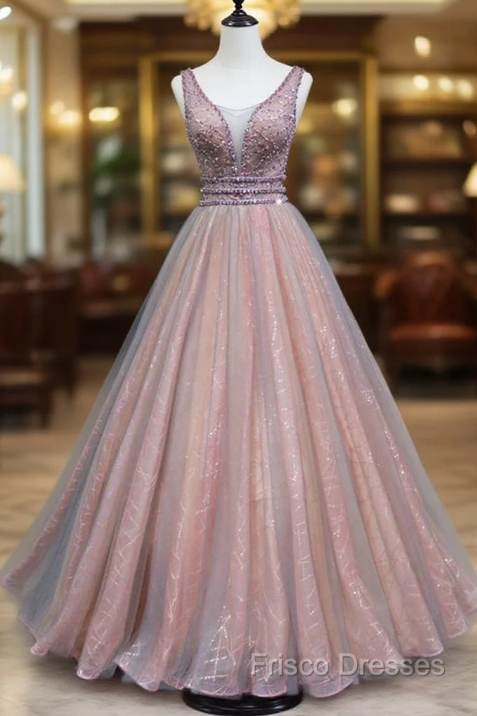 Brown A-Line Tulle Long Formal Dress Features Plunge Neck With Mesh Insert Formal Prom Dress, Main image