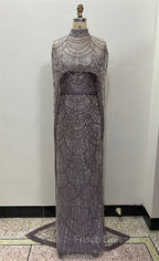 Brown Beading Formal Prom Dress Sweep Train High Neck Zipper Sleeveless Evening Dress