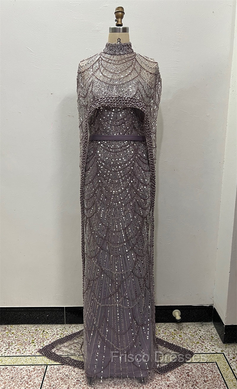 Brown Beading Formal Prom Dress Sweep Train High Neck Zipper Sleeveless Evening Dress