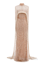 Brown Beading Formal Prom Dress Sweep Train High Neck Zipper Sleeveless Evening Dress