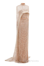 Brown Beading Formal Prom Dress Sweep Train High Neck Zipper Sleeveless Evening Dress