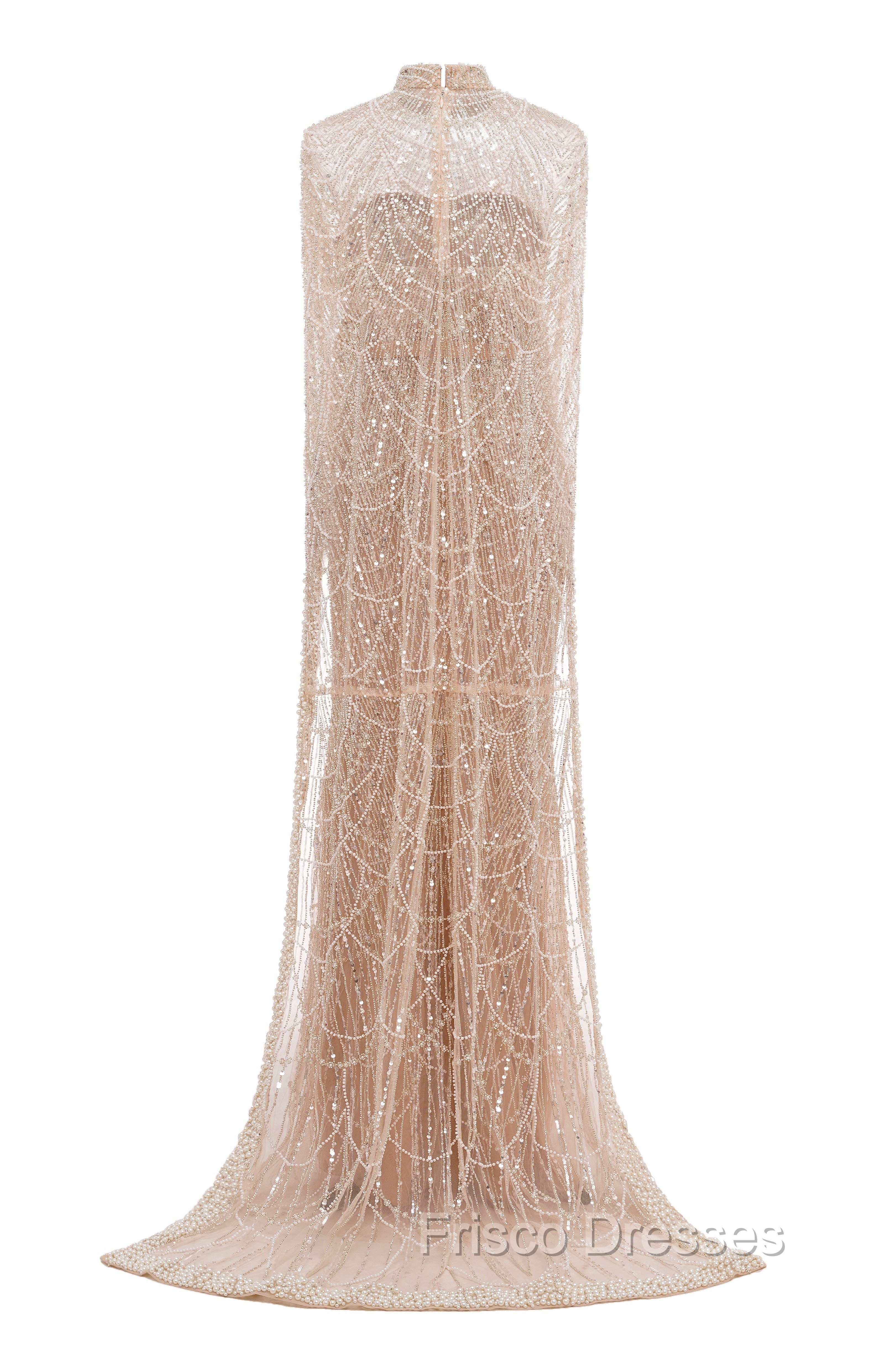 Brown Beading Formal Prom Dress Sweep Train High Neck Zipper Sleeveless Evening Dress