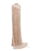 Brown Beading Formal Prom Dress Sweep Train High Neck Zipper Sleeveless Evening Dress
