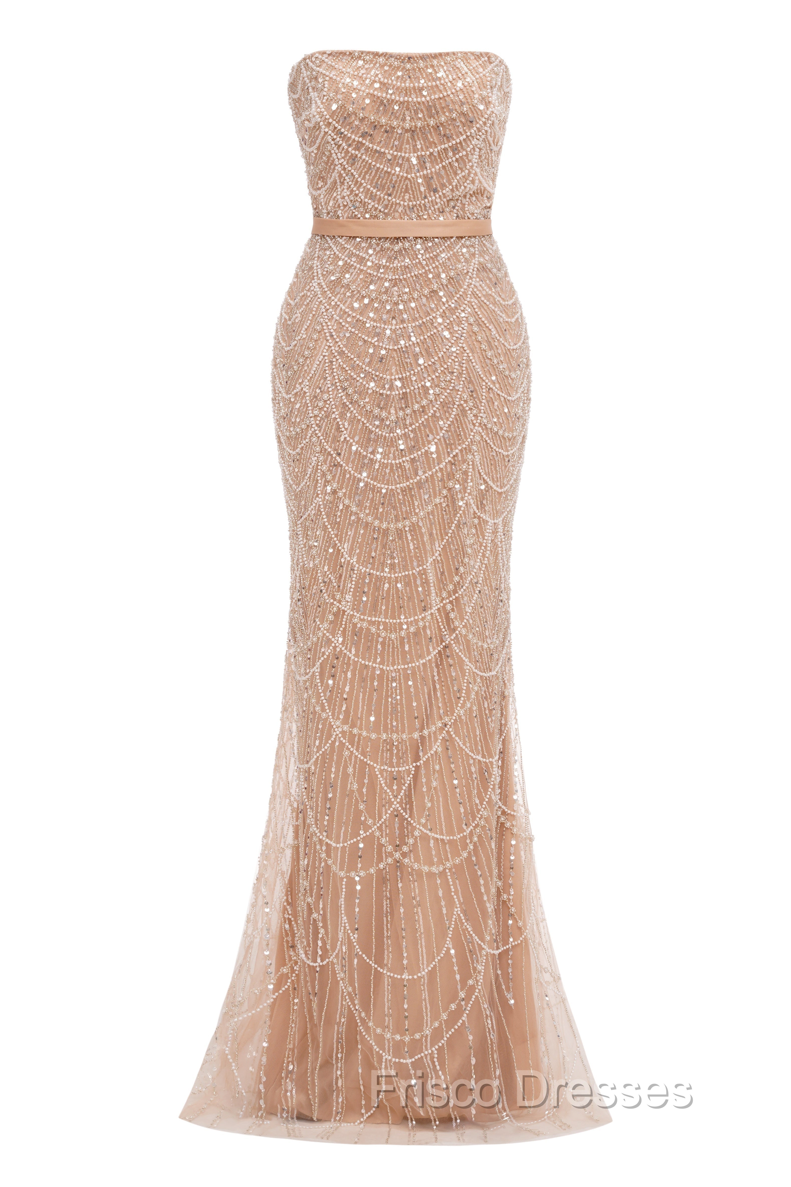 Brown Beading Formal Prom Dress Sweep Train High Neck Zipper Sleeveless Evening Dress