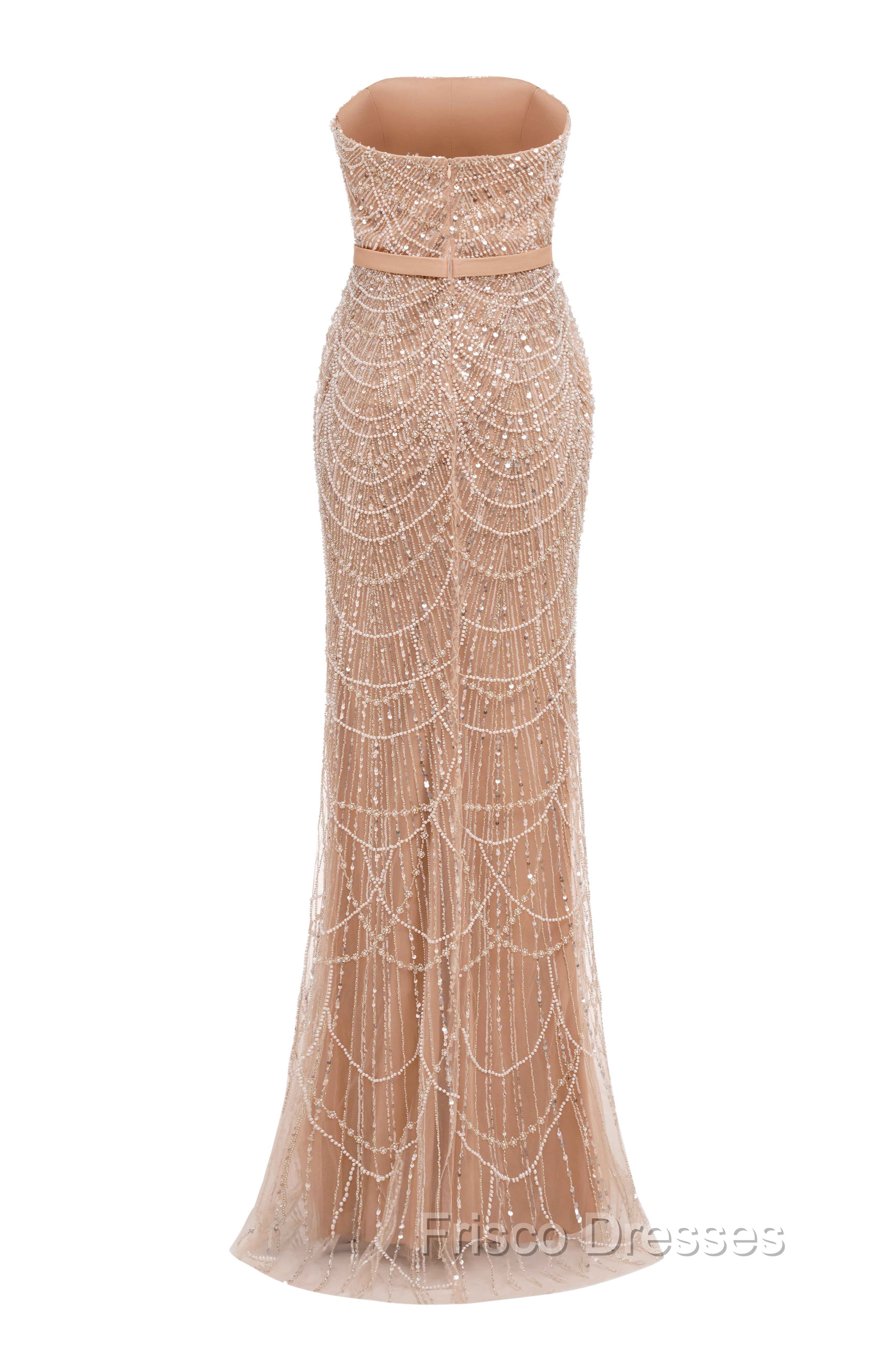 Brown Beading Formal Prom Dress Sweep Train High Neck Zipper Sleeveless Evening Dress
