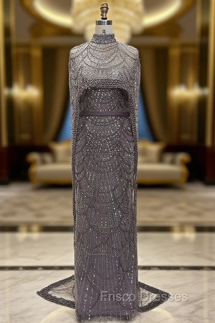 Brown Beading Formal Prom Dress Sweep Train High Neck Zipper Sleeveless Evening Dress