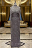 Brown Beading Formal Prom Dress Sweep Train High Neck Zipper Sleeveless Evening Dress