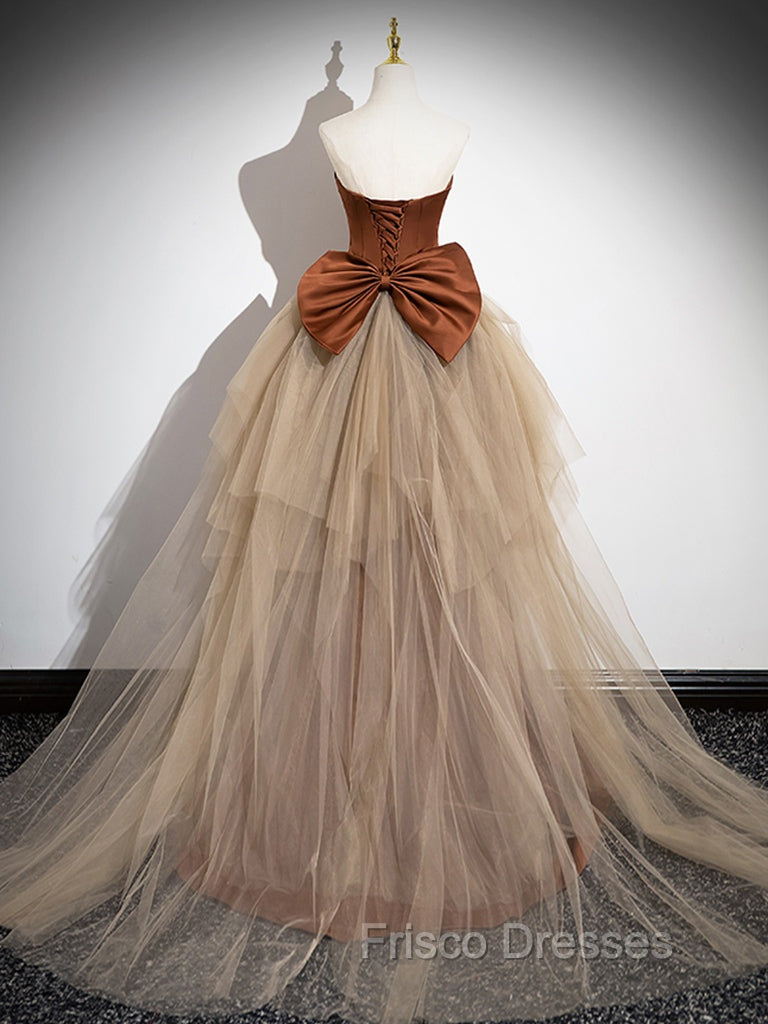 Brown Mermaid Satin Tulle Long Formal Prom Dress, Brown Long Evening Dress
