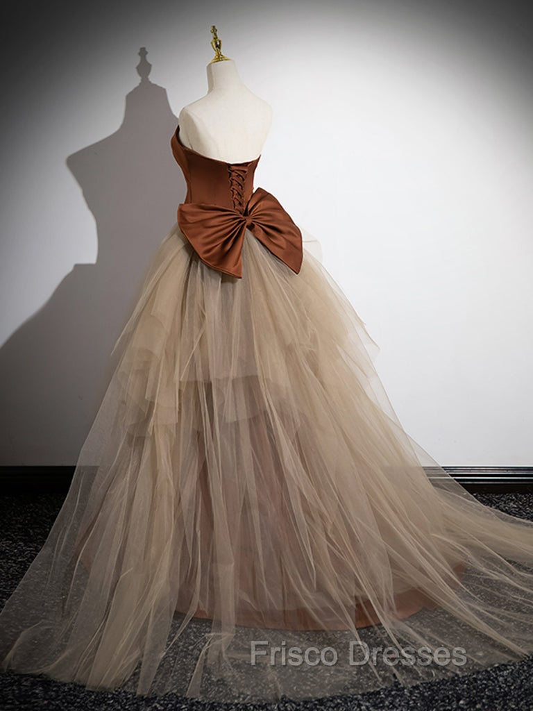 Brown Mermaid Satin Tulle Long Formal Prom Dress, Brown Long Evening Dress