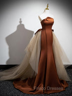 Brown Mermaid Satin Tulle Long Formal Prom Dress, Brown Long Evening Dress