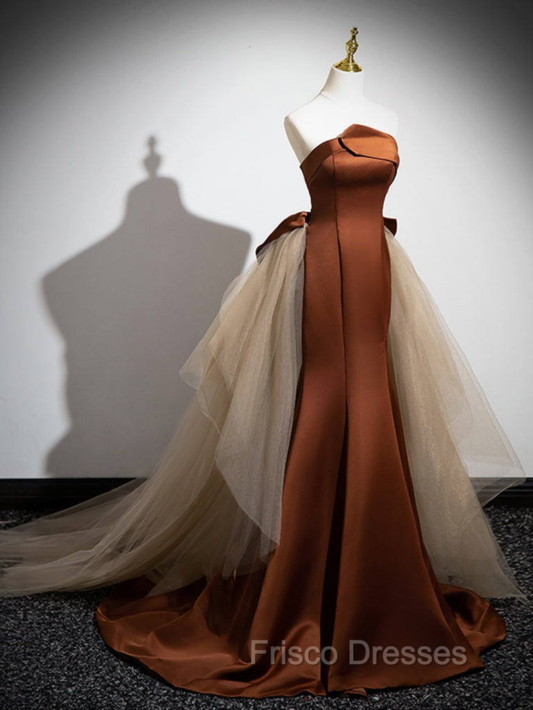 Brown Mermaid Satin Tulle Long Formal Prom Dress, Brown Long Evening Dress