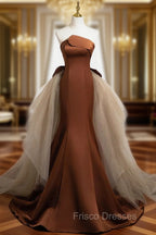 Brown Mermaid Satin Tulle Long Formal Prom Dress, Brown Long Evening Dress