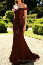 Brown Off The Shoulder Mermaid Satin Formal Dress With Draped Bow