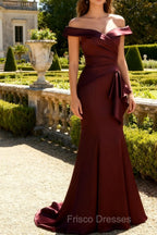 Brown Off The Shoulder Mermaid Satin Formal Dress With Draped Bow