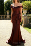 Brown Off The Shoulder Mermaid Satin Formal Dress With Draped Bow