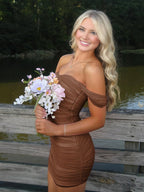 Brown Off The Shoulder Tulle Homecoming Dress Short Cocktail Dresses