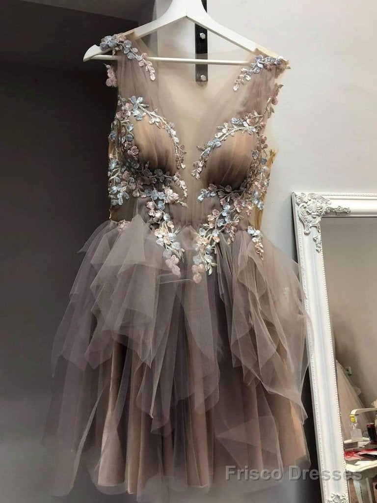 Brown Round Neck Tulle Lace Short Dress, Lace Homecoming Dress Main image