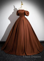 Brown Satin A-Line Short Sleeves Party Dress, Simple Satin Formal Prom Dress Formal Dress