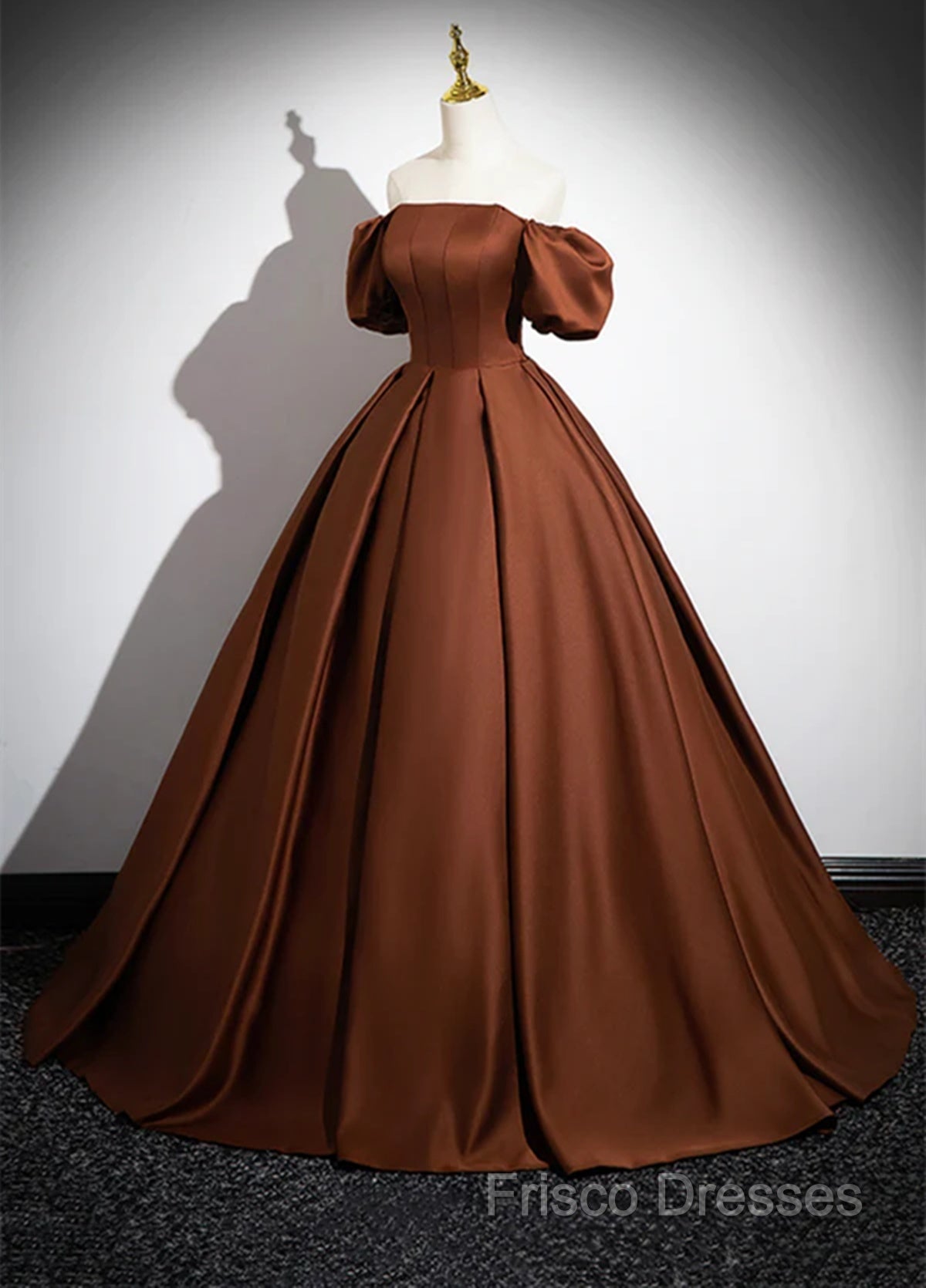Brown Satin A-Line Short Sleeves Party Dress, Simple Satin Formal Prom Dress Formal Dress