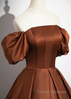 Brown Satin A-Line Short Sleeves Party Dress, Simple Satin Formal Prom Dress Formal Dress