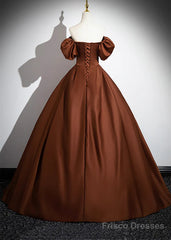 Brown Satin A-Line Short Sleeves Party Dress, Simple Satin Prom Dress Evening Dress