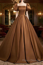 Brown Satin A-Line Short Sleeves Party Dress, Simple Satin Formal Prom Dress Formal Dress