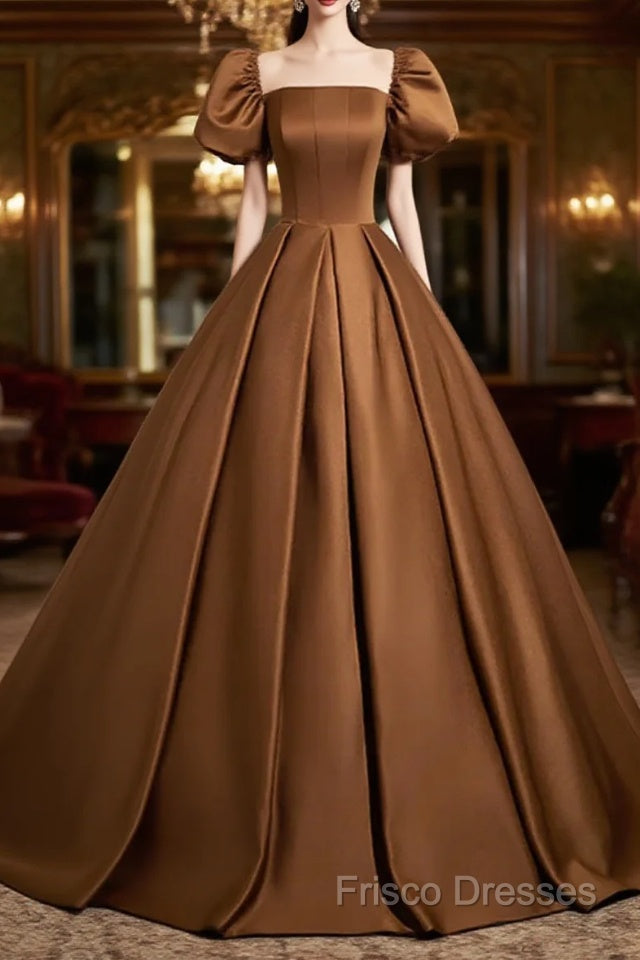 Brown Satin A-Line Short Sleeves Party Dress, Simple Satin Formal Prom Dress Formal Dress
