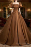 Brown Satin A-Line Short Sleeves Party Dress, Simple Satin Formal Prom Dress Formal Dress