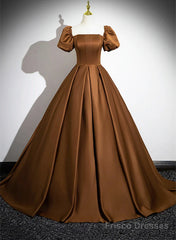 Brown Satin A-Line Short Sleeves Party Dress, Simple Satin Prom Dress Evening Dress