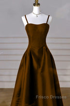 Brown Satin A-Line Sweetheart Long Formal Dress, Simple Brown Evening Dress