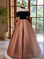 Brown Satin And Black Velvet Prom Dress, Off Shoulder A-Line Party Dress