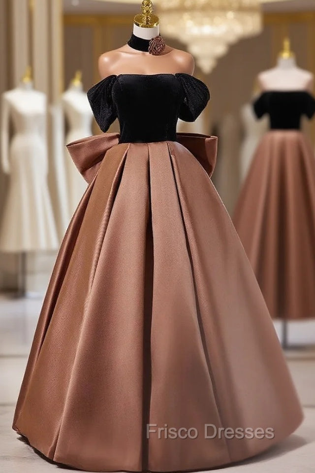Brown Satin Black Velvet Off the Shoulder Formal Prom Dress Main image