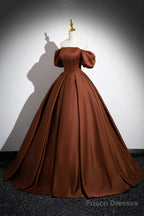 Brown Satin Long A-Line Prom Dress, Off The Shoulder Evening Party Dress