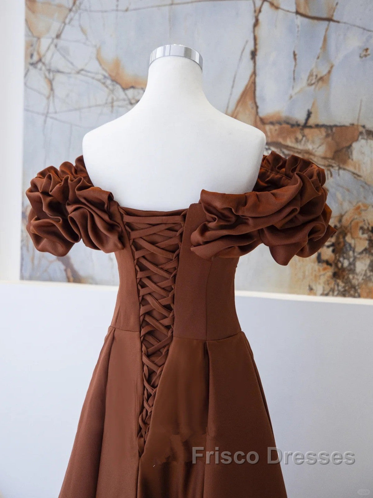 Brown Satin Off Shoulder A-Line Formal Prom Dress, Brown Satin Evening Dress Formal Dress Secondary image