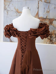 Brown Satin Off Shoulder A-Line Prom Dress, Brown Satin Evening Dress Formal Dress