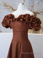 Brown Satin Off Shoulder A-Line Formal Prom Dress, Brown Satin Evening Dress Formal Dress