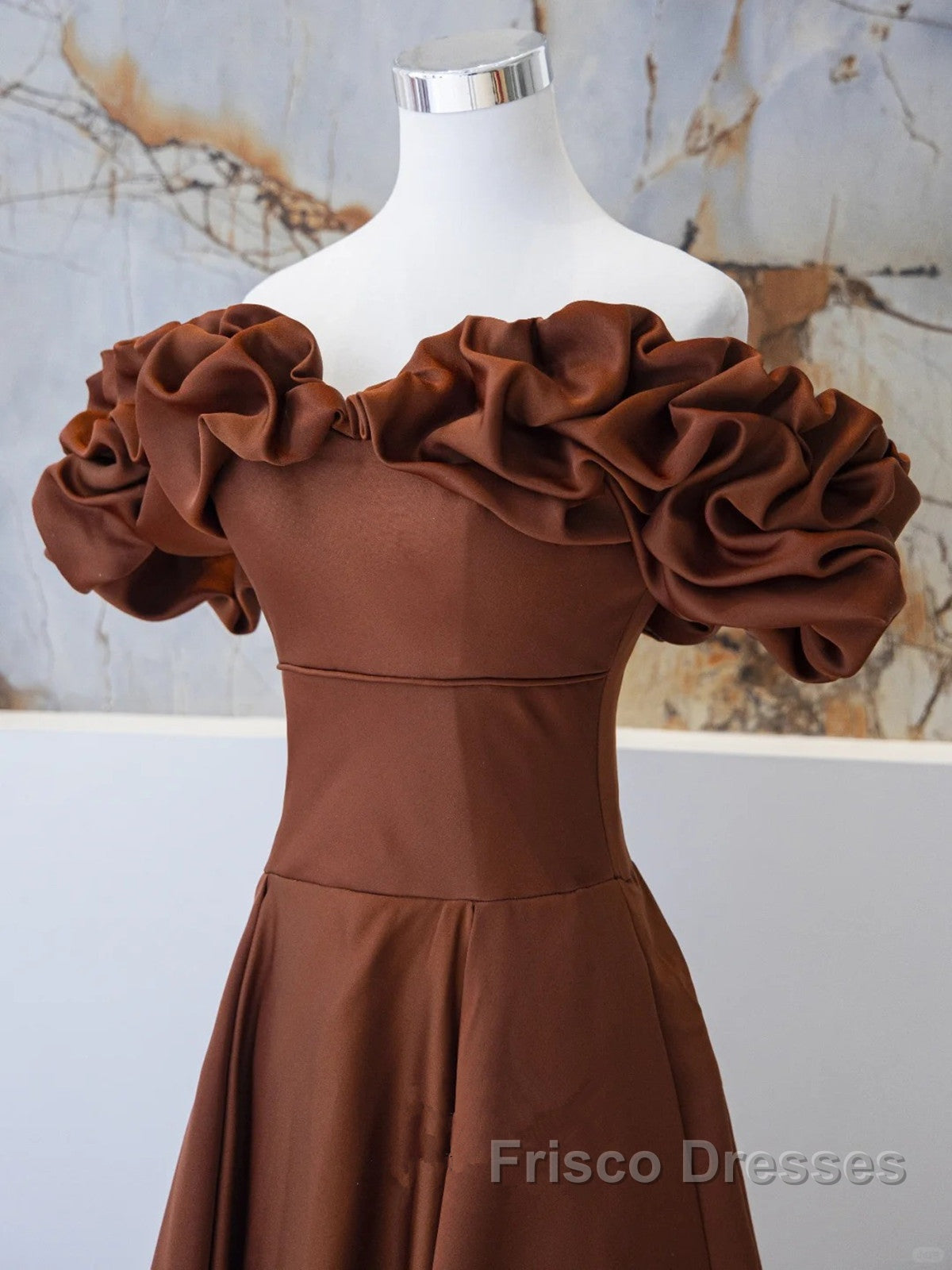 Brown Satin Off Shoulder A-Line Formal Prom Dress, Brown Satin Evening Dress Formal Dress