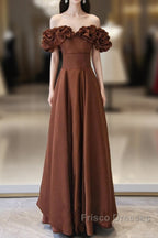 Brown Satin Off Shoulder A-Line Formal Prom Dress, Brown Satin Evening Dress Formal Dress